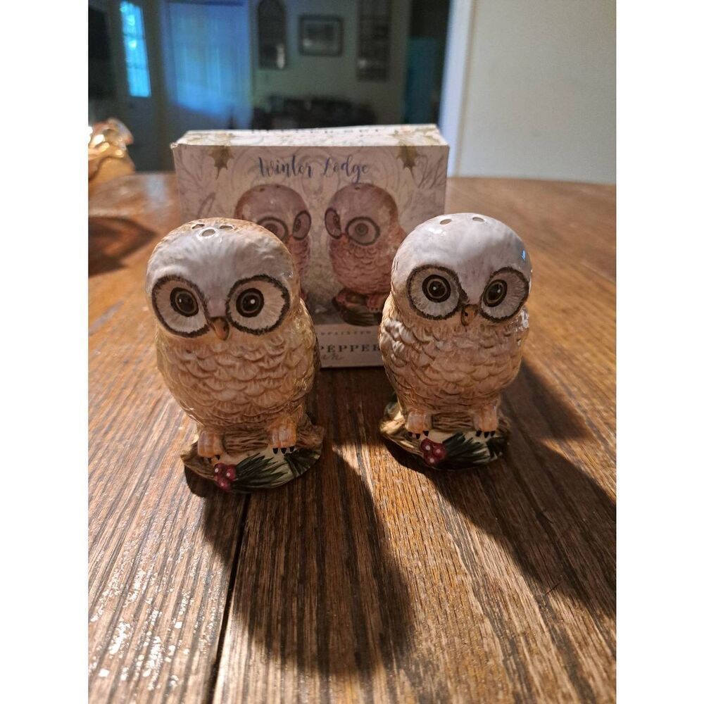 New CIB Winter Lodge Owl Salt Pepper Shaker Set Ceramic Kitchen Decor